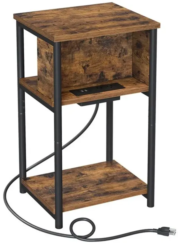 23 Inch Side End Table with USB Charging, 1 Shelf, Black Steel Brown Wood - Benzara