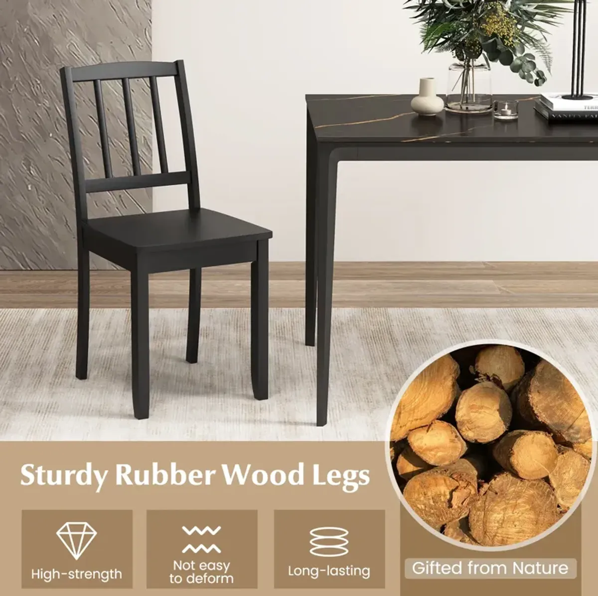 Wood Dining Chair Set of 2 with Rubber Wood Legs