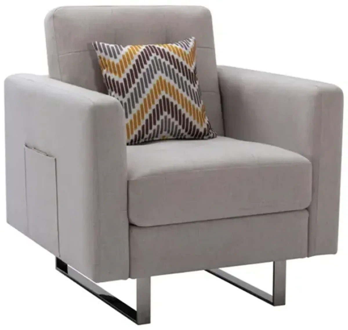 Victoria Linen Fabric Armchair With Metal Legs, Side Pockets, And Pillow