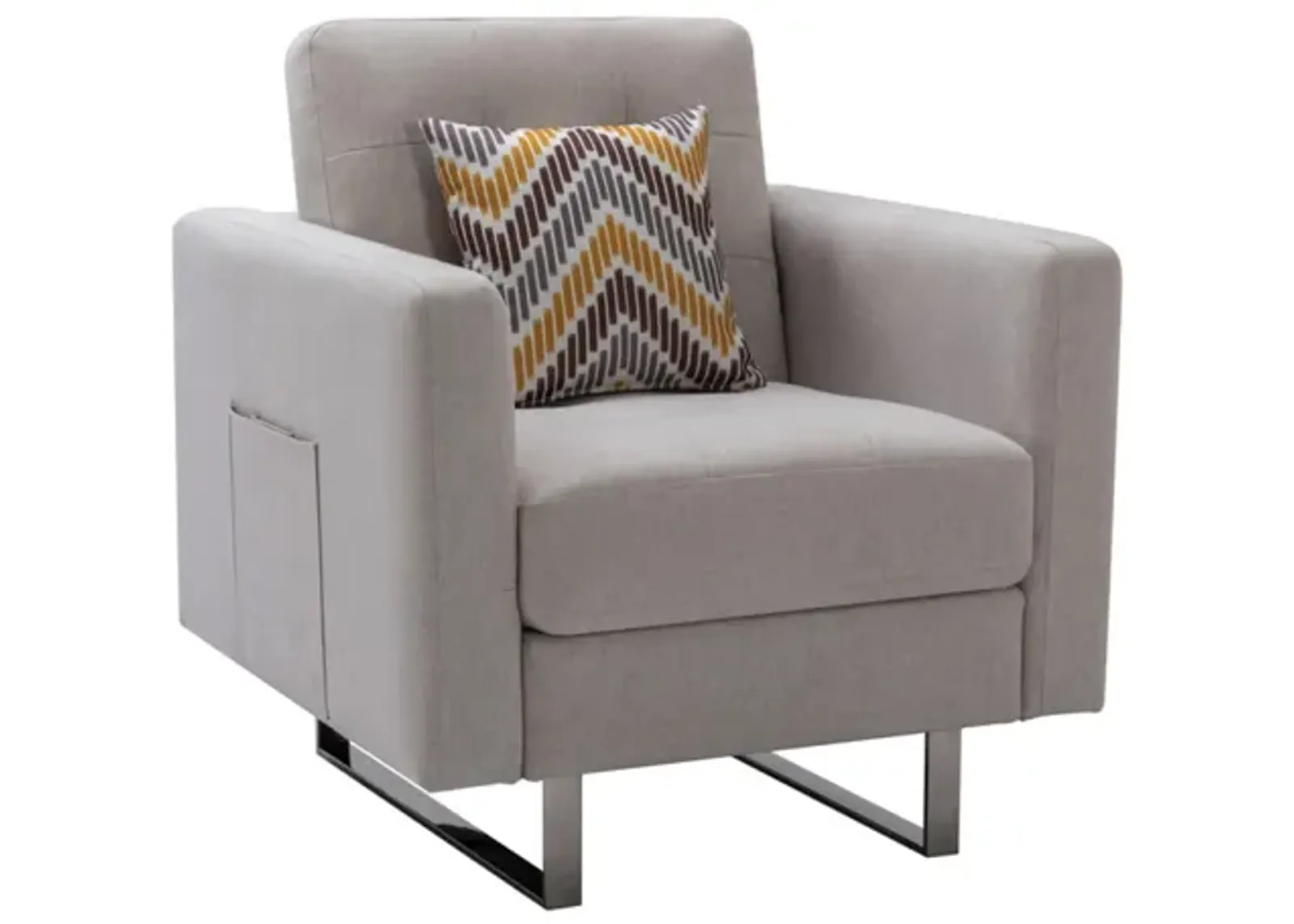 Victoria Linen Fabric Armchair With Metal Legs, Side Pockets, And Pillow