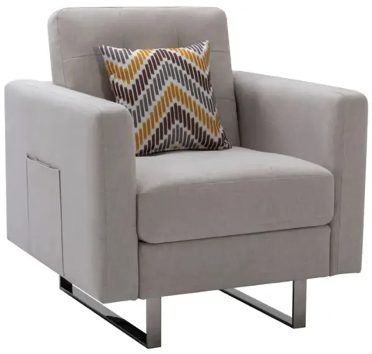 Victoria Linen Fabric Armchair With Metal Legs, Side Pockets, And Pillow