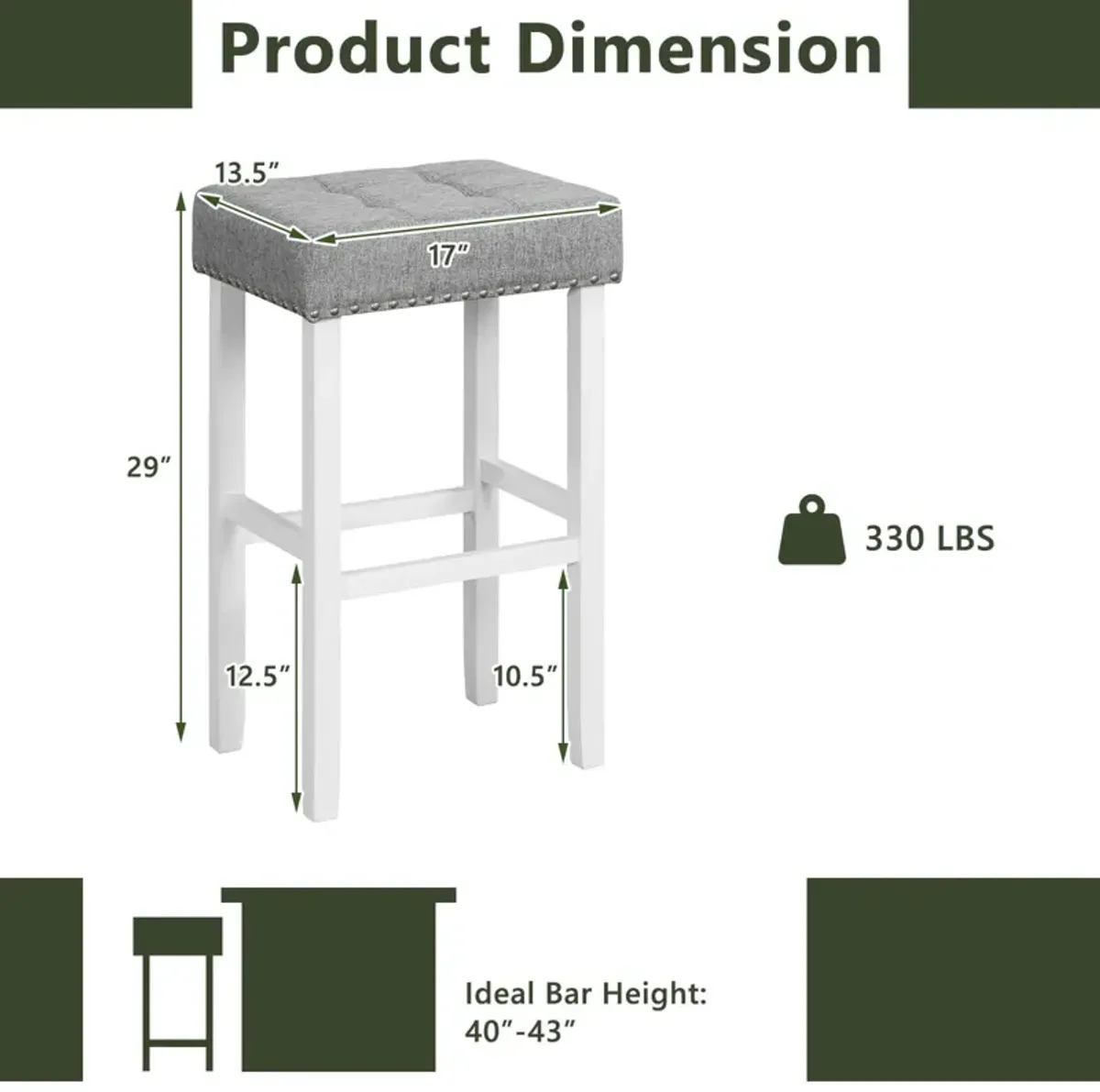 2 Pieces Counter Height Bar Stools with Sponge Padded Cushion-29 inches