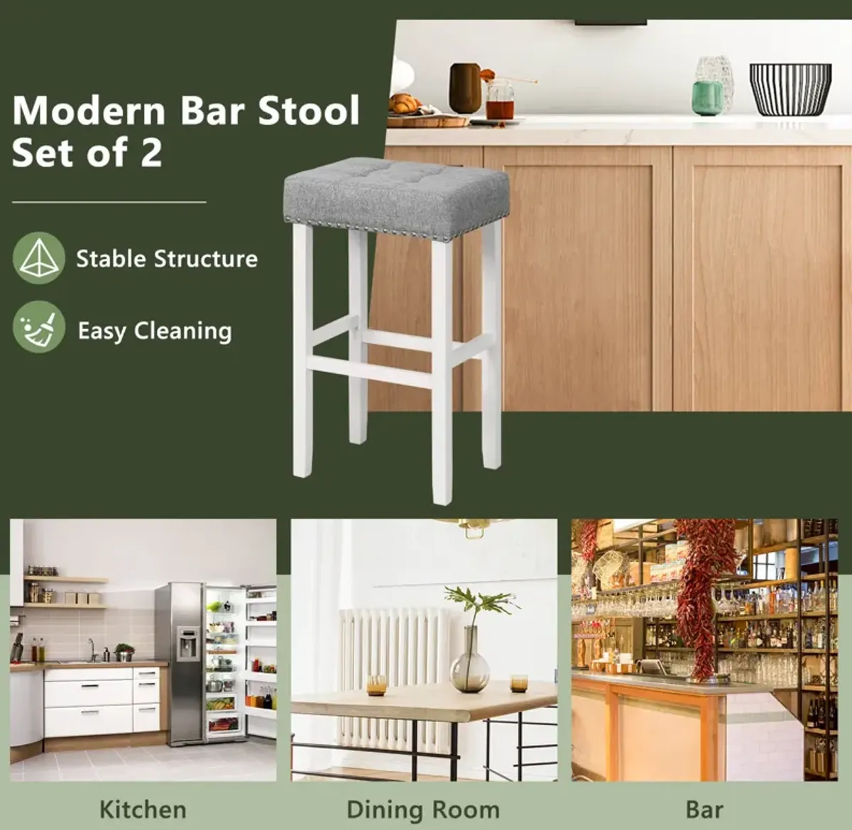 2 Pieces Counter Height Bar Stools with Sponge Padded Cushion-29 inches