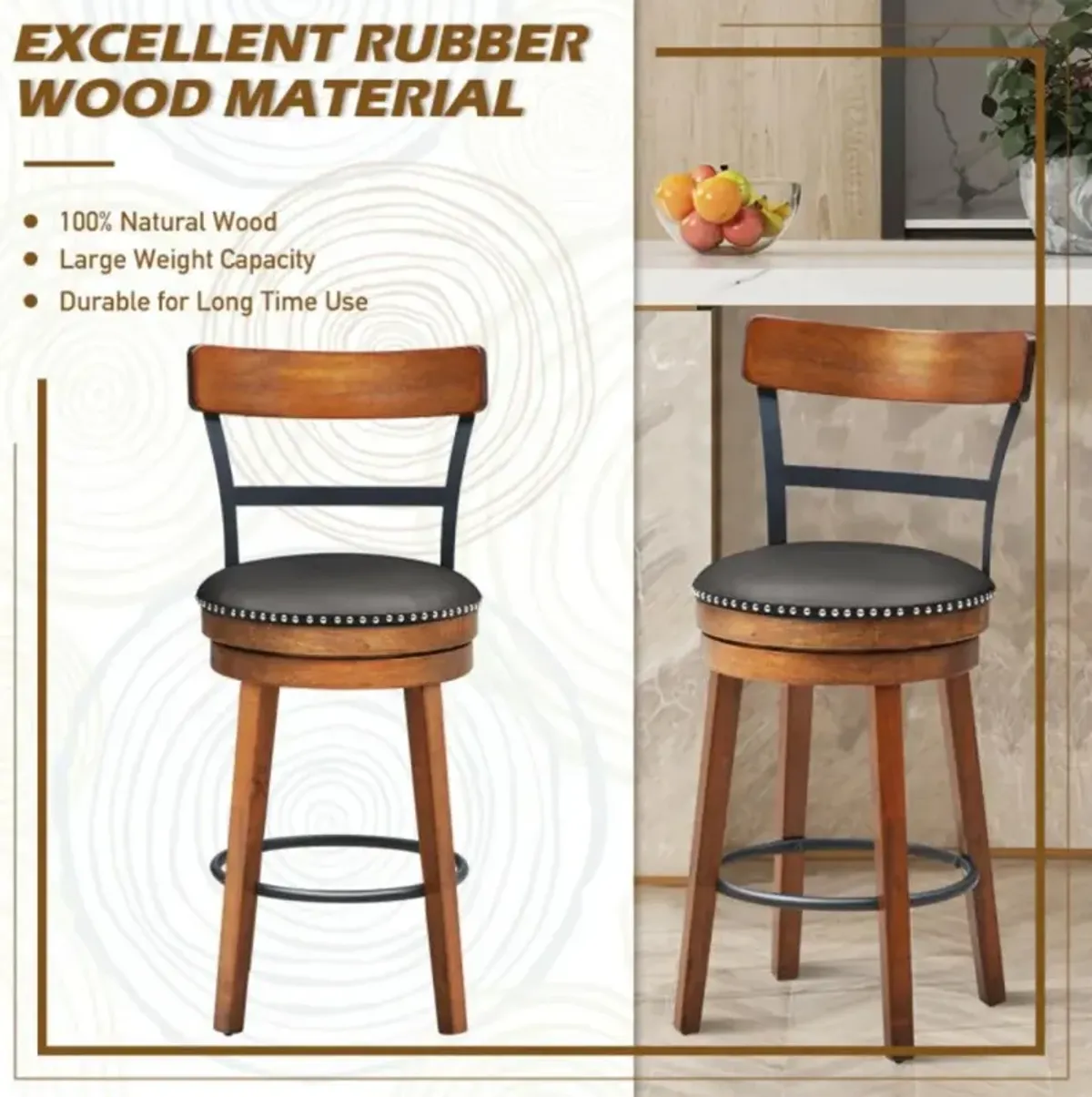 Hivvago 25.5 Inch/30.5 Inch 360-Degree Bar Swivel Stools with Leather Padded