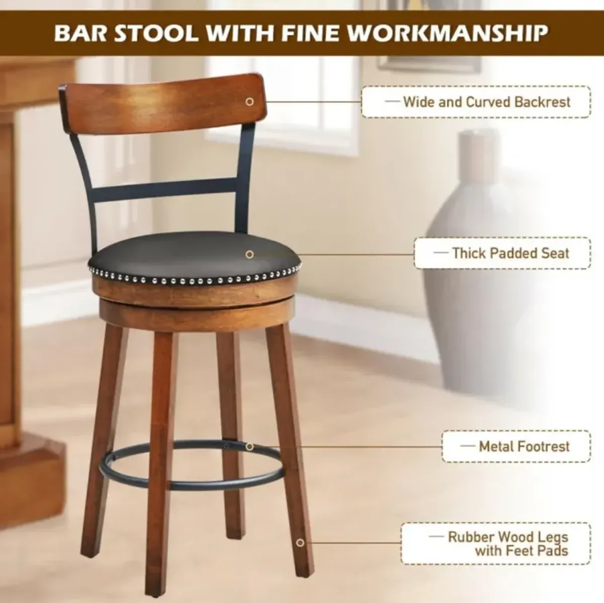 Hivvago 25.5 Inch/30.5 Inch 360-Degree Bar Swivel Stools with Leather Padded