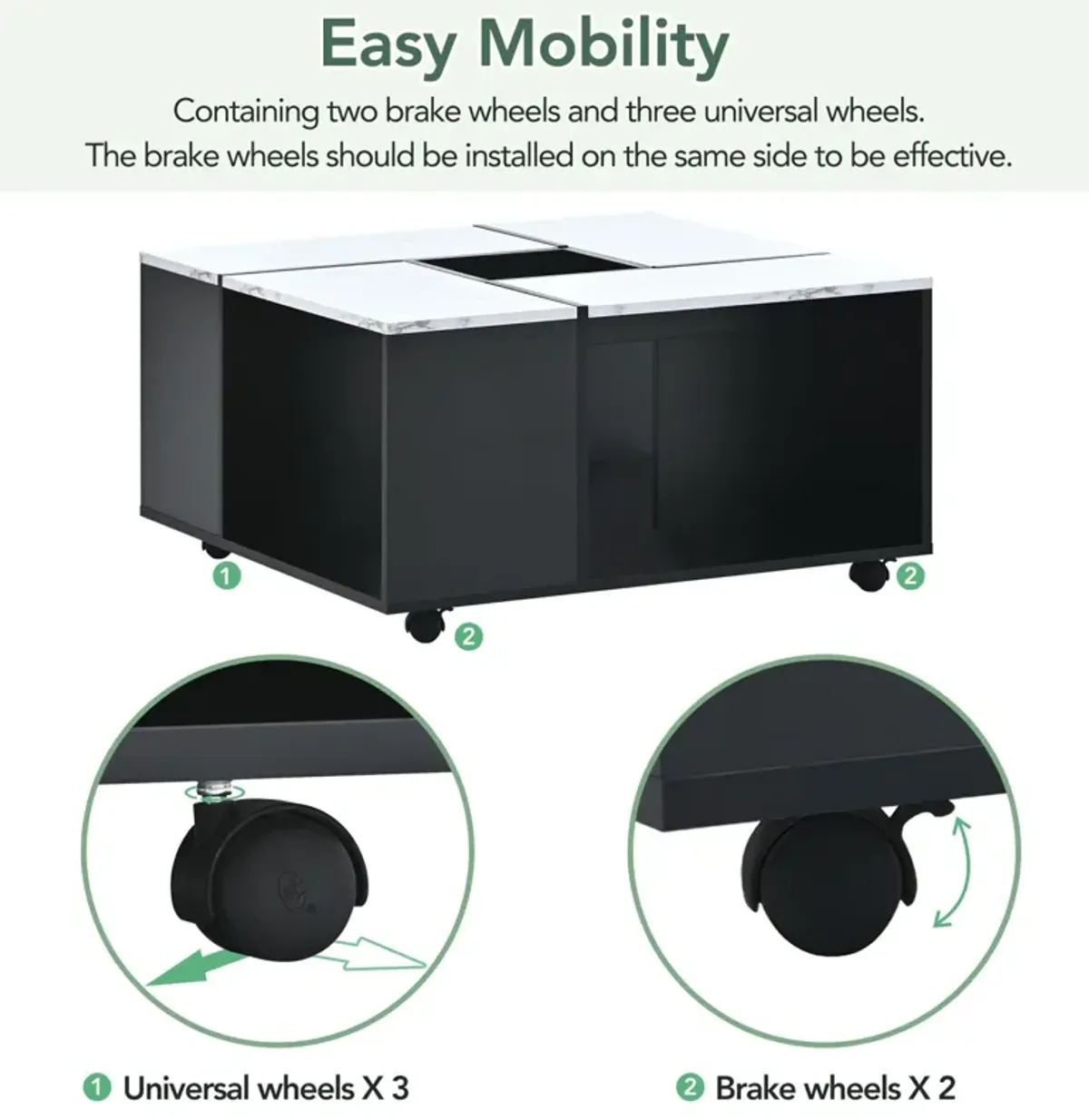 Modern 2-Layer Coffee Table With Casters, Square Cocktail Table With Removable Tray