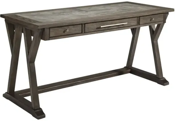 Three Drawer Wooden Desk with Cross Brace Stretcher and Faux Bluestone Top, Gray-Benzara
