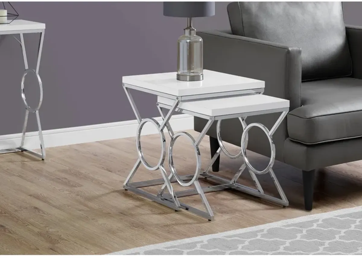 Monarch Specialties I 3401 Nesting Table, Set Of 2, Side, End, Accent, Living Room, Bedroom, Metal, Laminate, Glossy White, Chrome, Contemporary, Modern