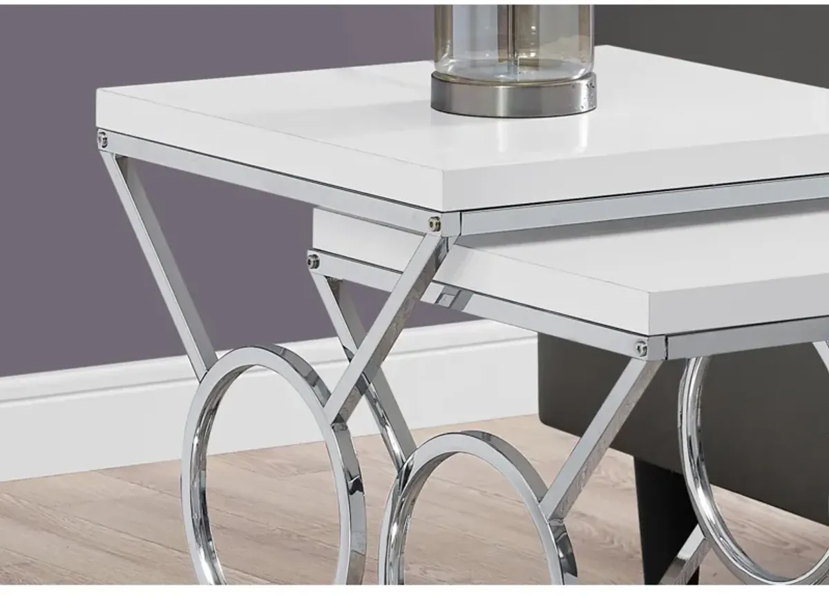 Monarch Specialties I 3401 Nesting Table, Set Of 2, Side, End, Accent, Living Room, Bedroom, Metal, Laminate, Glossy White, Chrome, Contemporary, Modern