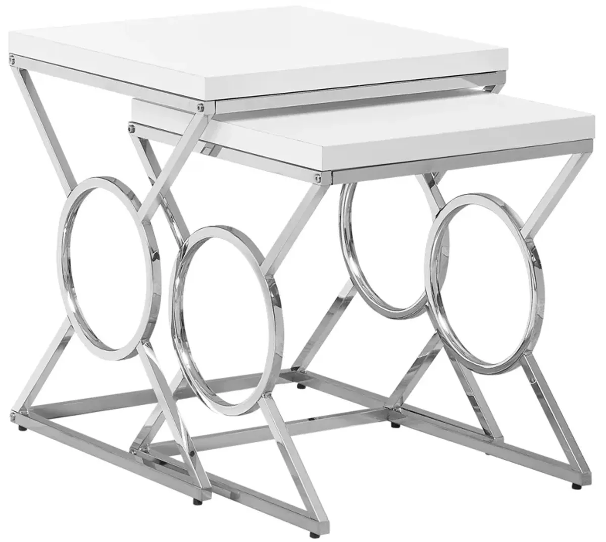 Monarch Specialties I 3401 Nesting Table, Set Of 2, Side, End, Accent, Living Room, Bedroom, Metal, Laminate, Glossy White, Chrome, Contemporary, Modern