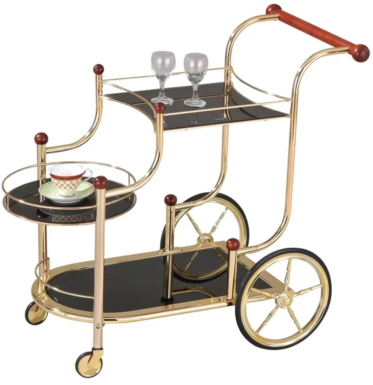 ACME Lacy Serving Cart, Gold Plated, Cherry Wood & Black Glass