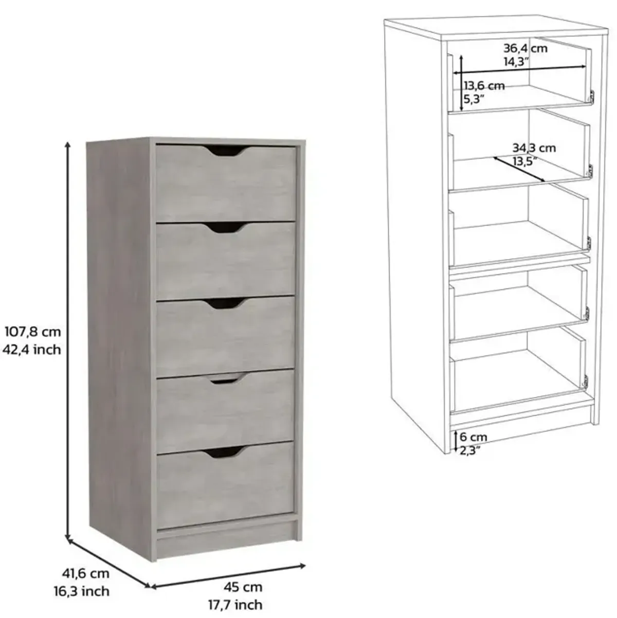 5 Drawers Narrow Dresser, Slim Storage Chest of Drawers, Concrete Gray -Bedroom