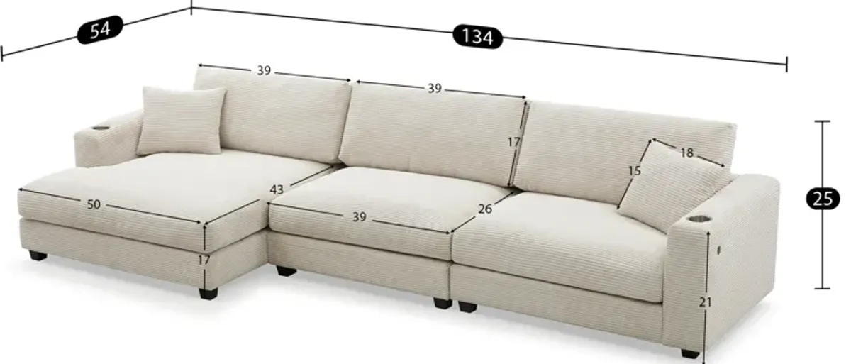 Merax Oversized Corduroy Sectional Sofa  with 50" Chaise