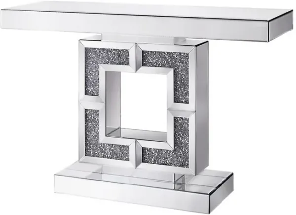Wood and Mirror  Console Table with Square Keyhole Pedestal, Clear-Benzara