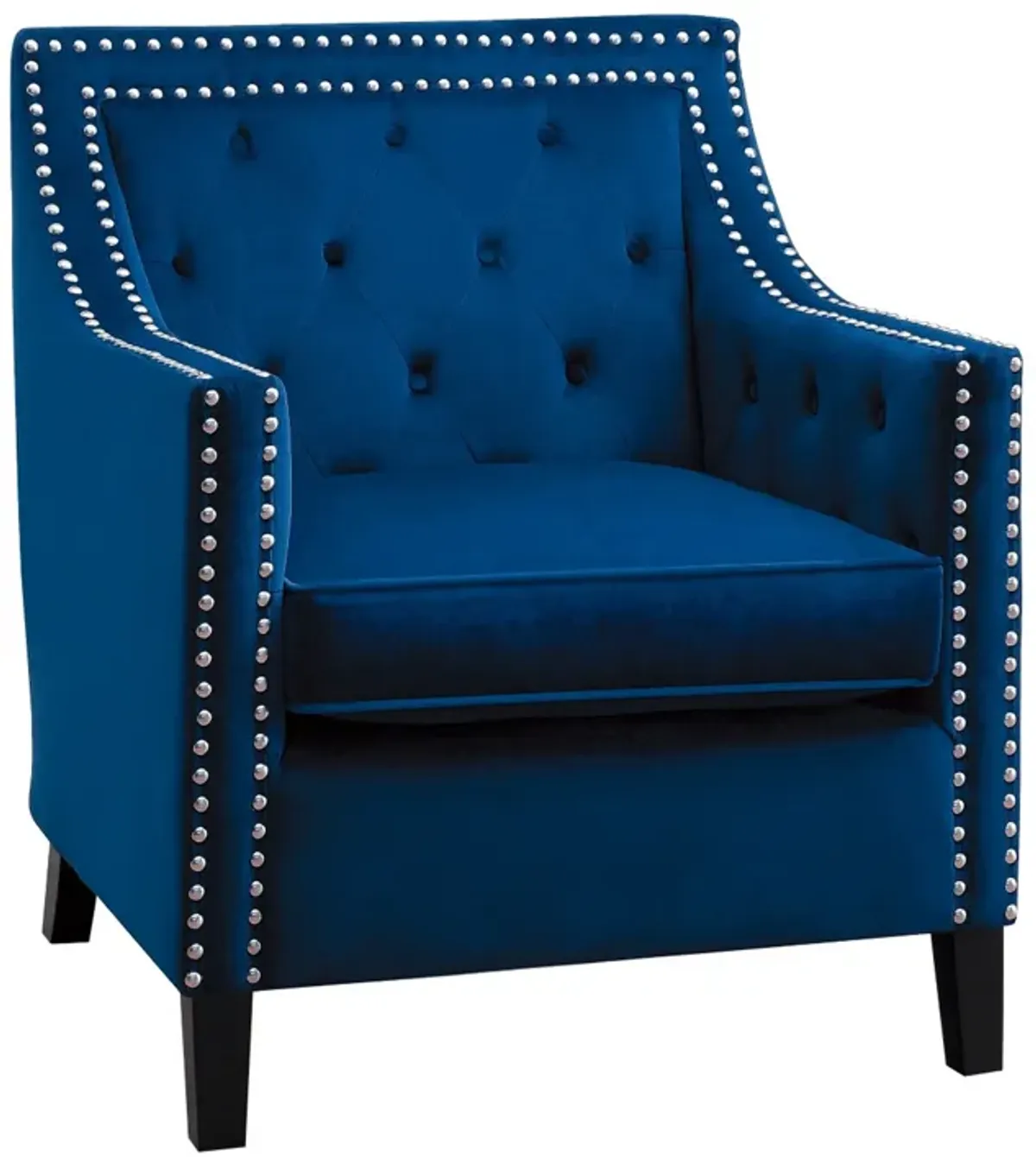 Soma 31 Inch Accent Armchair, Button Tufted Blue Velvet, Nailhead Trim - Benzara