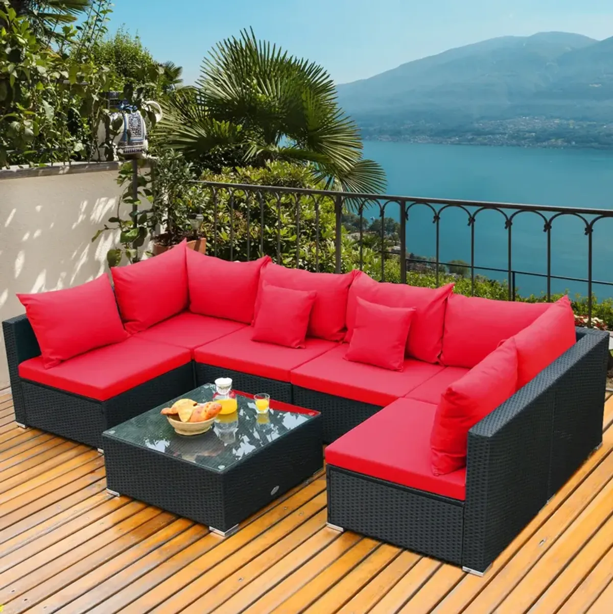 7 Pieces Sectional Wicker Furniture Sofa Set Conversation Sets with Tempered Glass Top