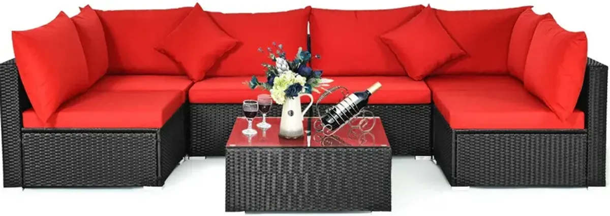 7 Pieces Sectional Wicker Furniture Sofa Set Conversation Sets with Tempered Glass Top