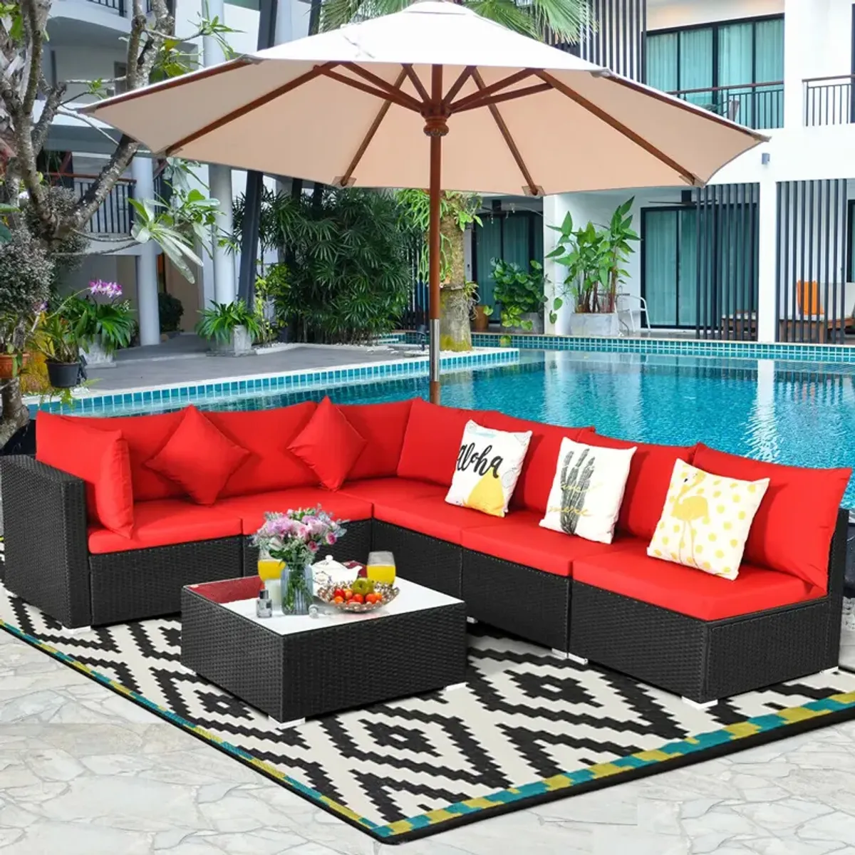 7 Pieces Sectional Wicker Furniture Sofa Set Conversation Sets with Tempered Glass Top