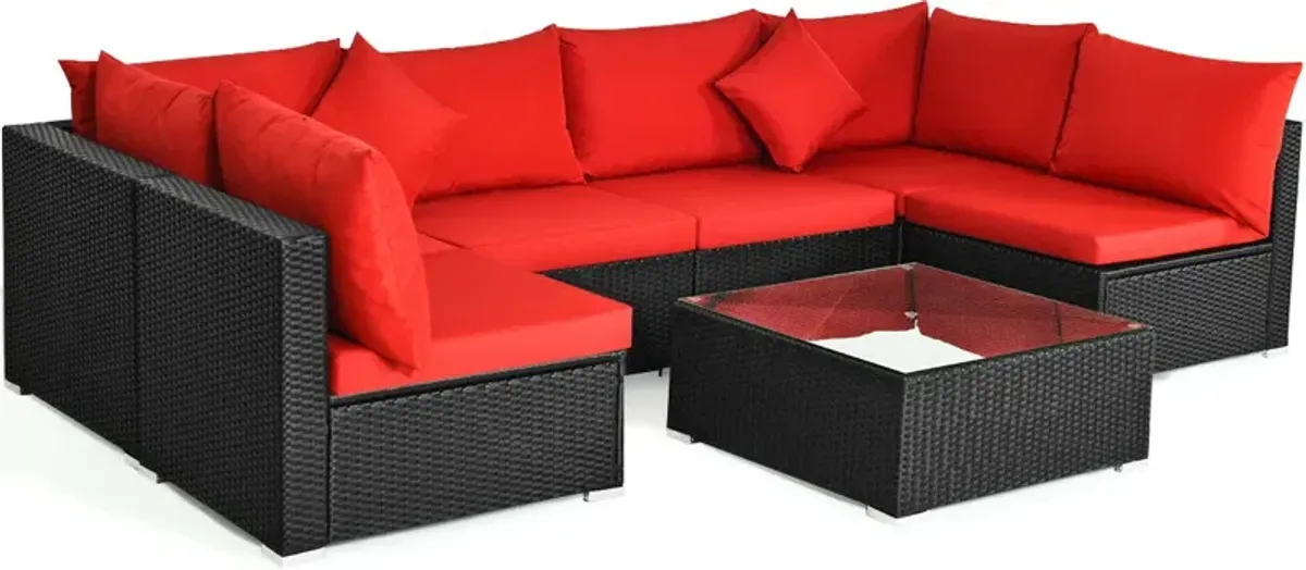 7 Pieces Sectional Wicker Furniture Sofa Set Conversation Sets with Tempered Glass Top