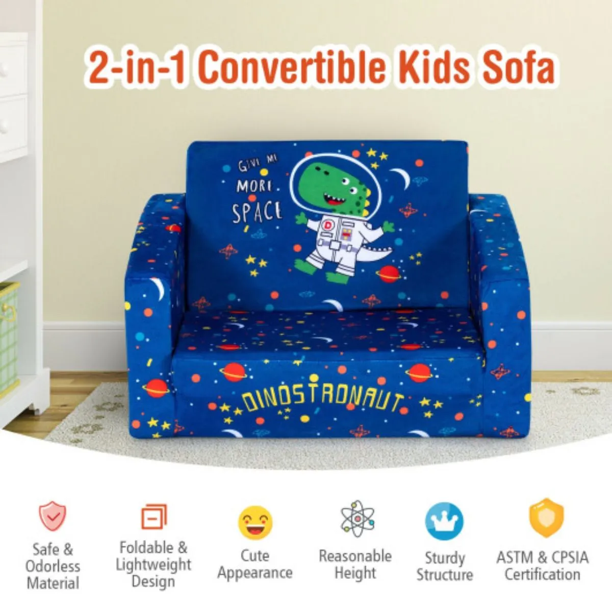 2-in-1 Convertible Kids Sofa with Velvet Fabric - Dinostronaut