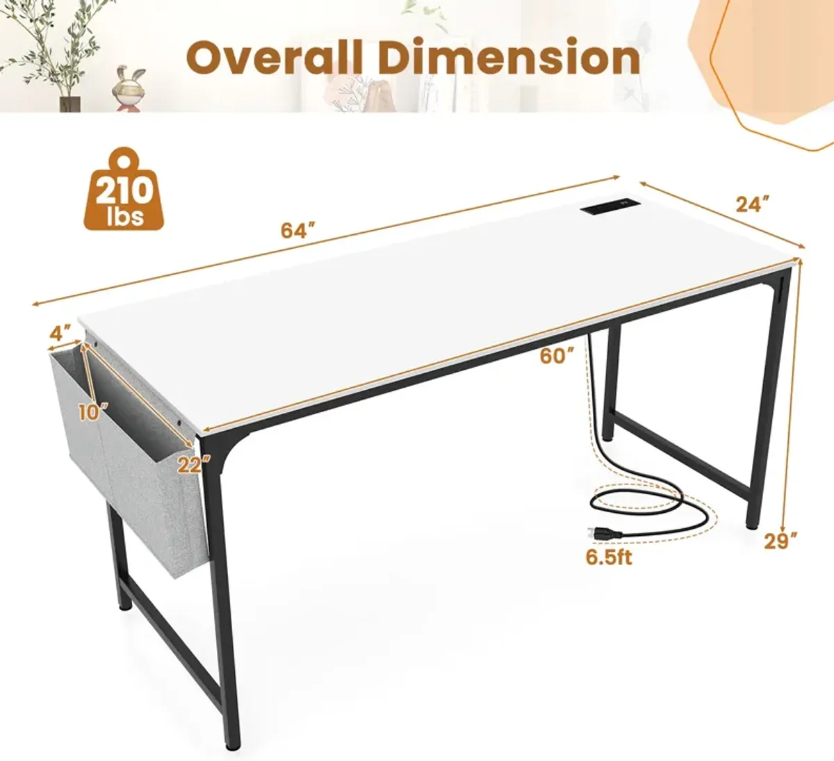 60 Inch Computer Desk with Charging Station Storage Bag