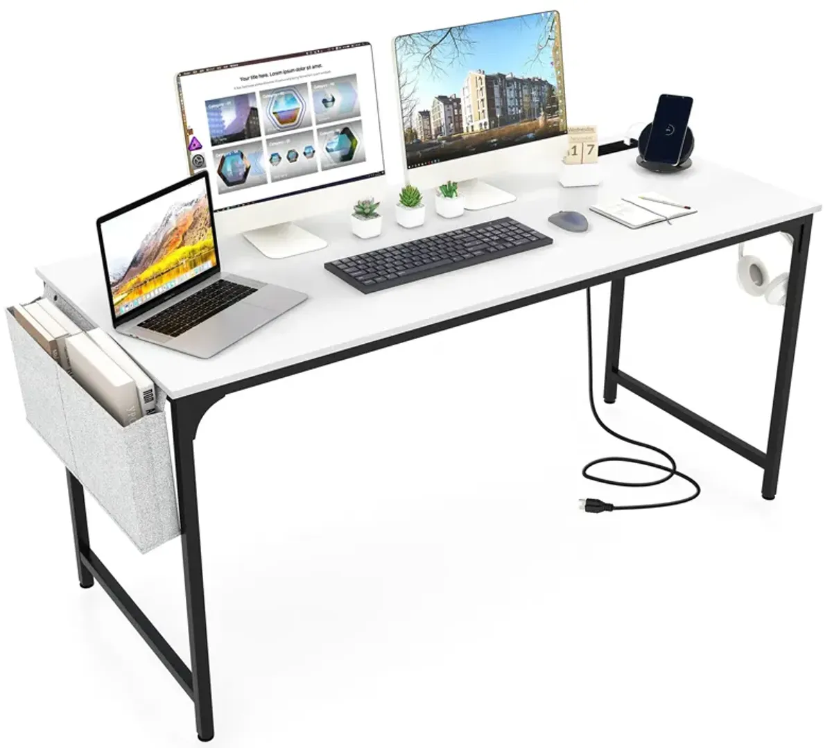 60 Inch Computer Desk with Charging Station Storage Bag