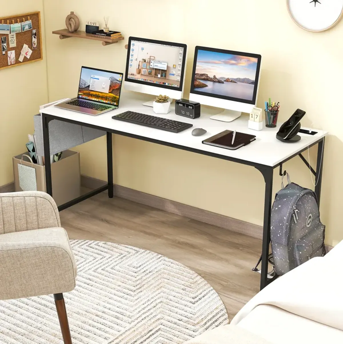 60 Inch Computer Desk with Charging Station Storage Bag