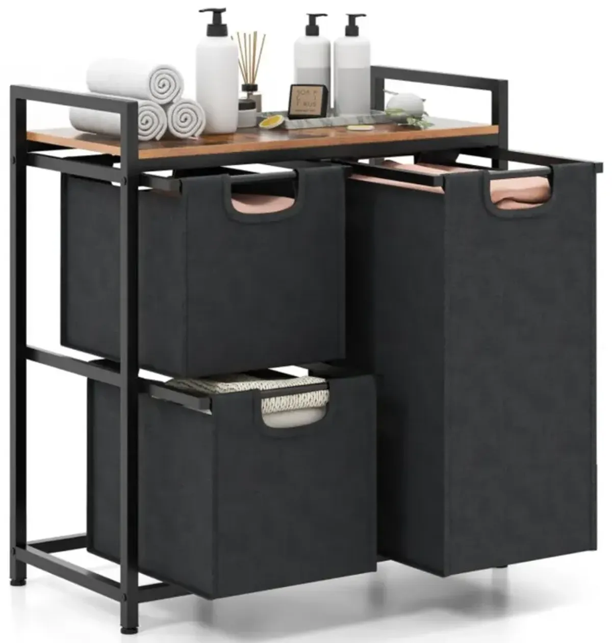 Hivvago Laundry Basket Organizer Dirty Clothes Hamper with Shelf and 3 Removable Bags-Rustic Brown