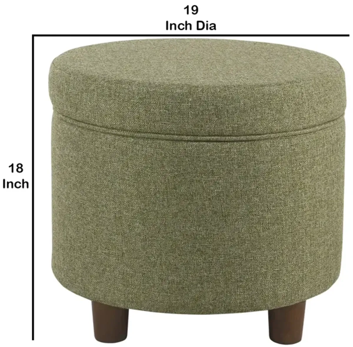 Fabric Upholstered Round Wooden Ottoman with Lift Off Lid Storage, Green - Benzara