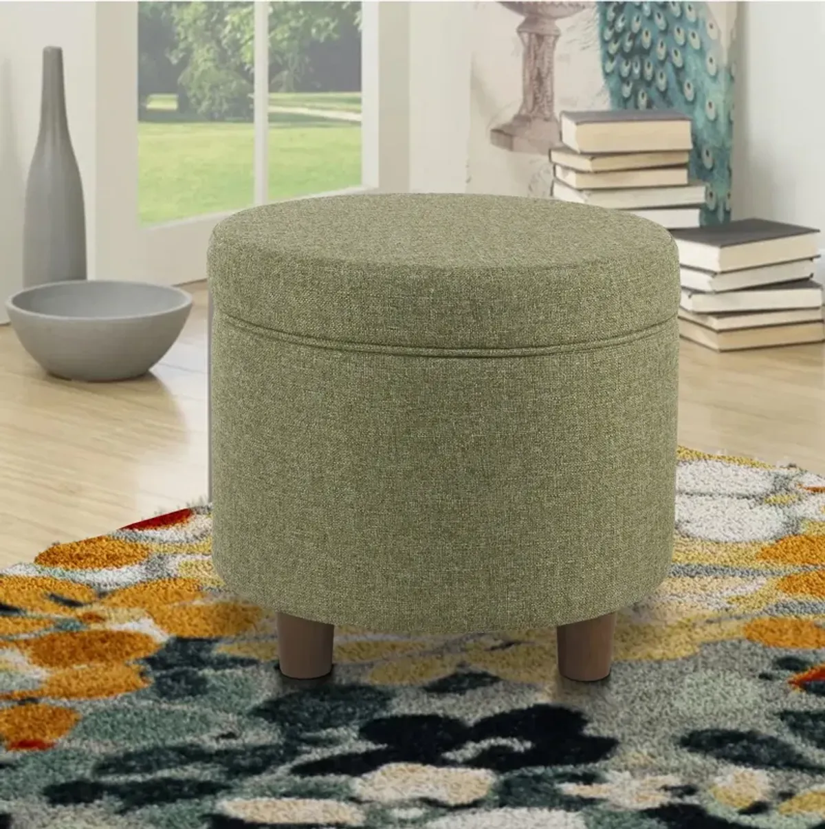 Fabric Upholstered Round Wooden Ottoman with Lift Off Lid Storage, Green - Benzara