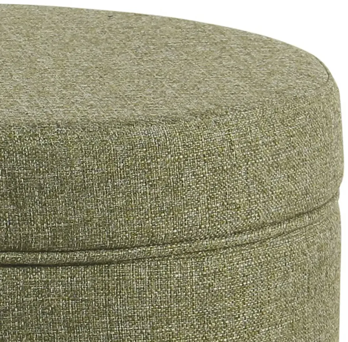 Fabric Upholstered Round Wooden Ottoman with Lift Off Lid Storage, Green - Benzara