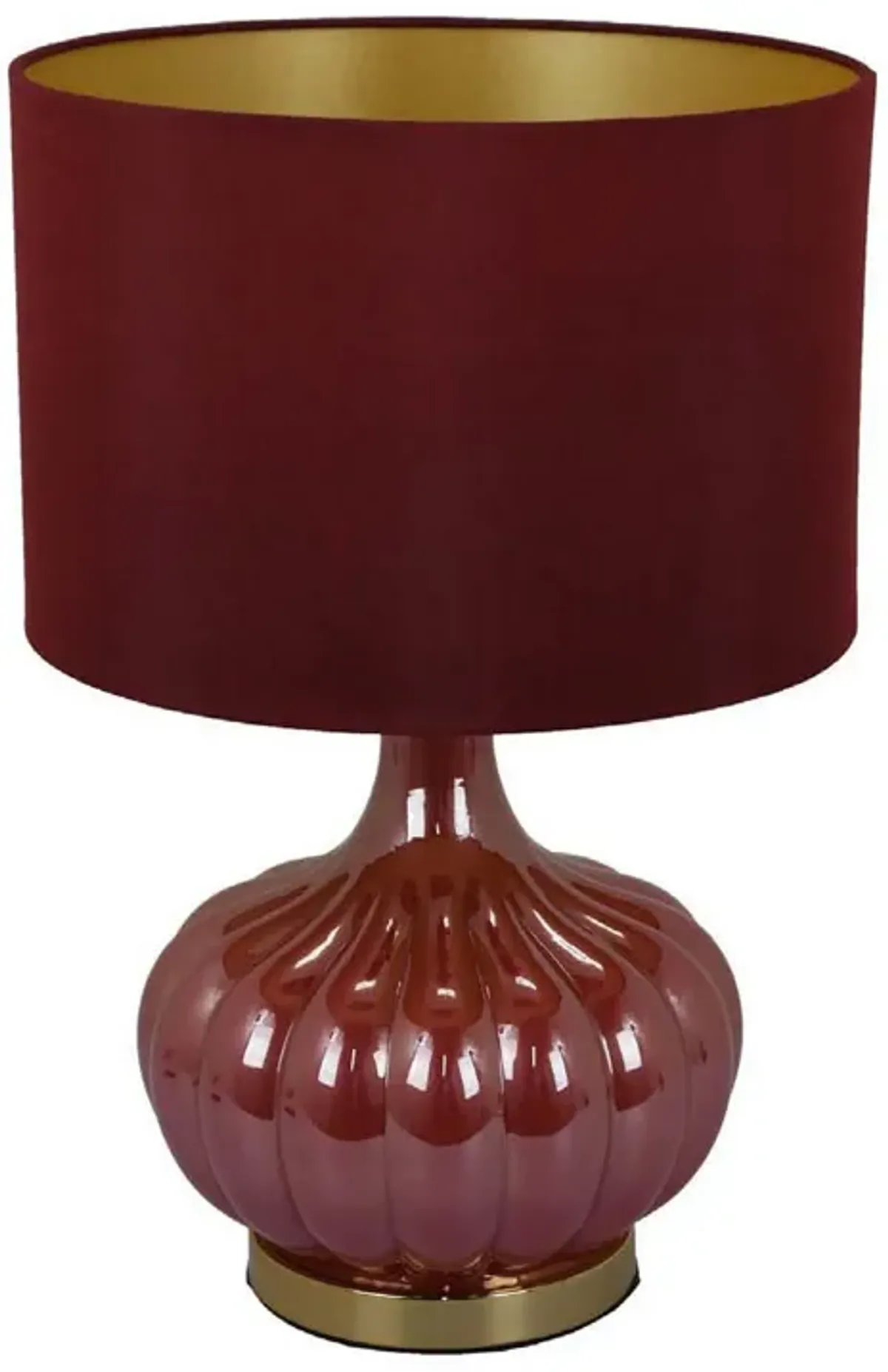 Gia 18 Inch Table Lamp, Drum Shade, Round Body with Vertical Ribs, Red - Benzara
