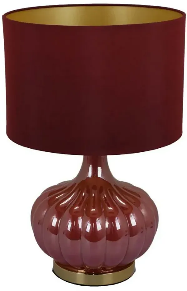 Gia 18 Inch Table Lamp, Drum Shade, Round Body with Vertical Ribs, Red - Benzara