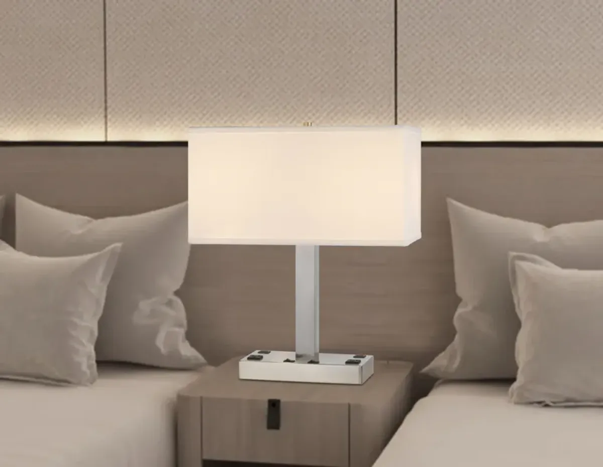 Hivvago 21" Nickel Metal Two Light Desk USB Table Lamp With White Shade