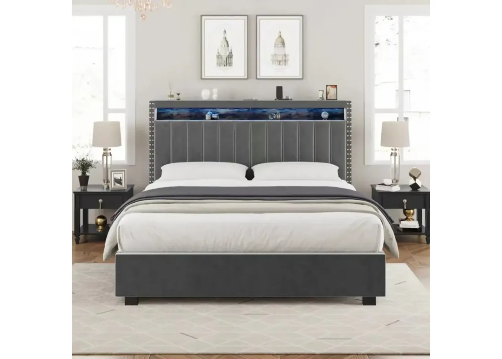 Luxury Gas Lift Storage Bed With Rf LED Lights, Storage Headboard, King Size, Velvet Grey