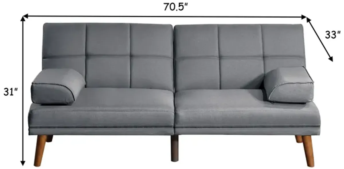 Gina 71 Inch Adjustable Futon Sofa Bed, Square Tufted, Tapered Legs, Gray - Benzara