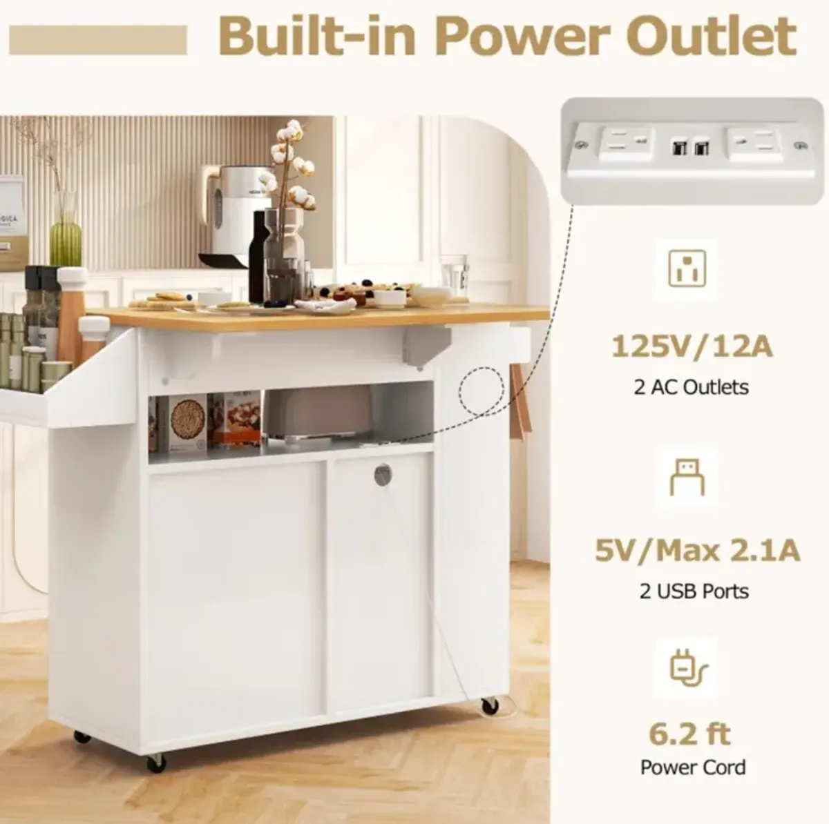 Hivvago Rolling Kitchen Island Cart with Power Outlet for Dining Room-White and Natural