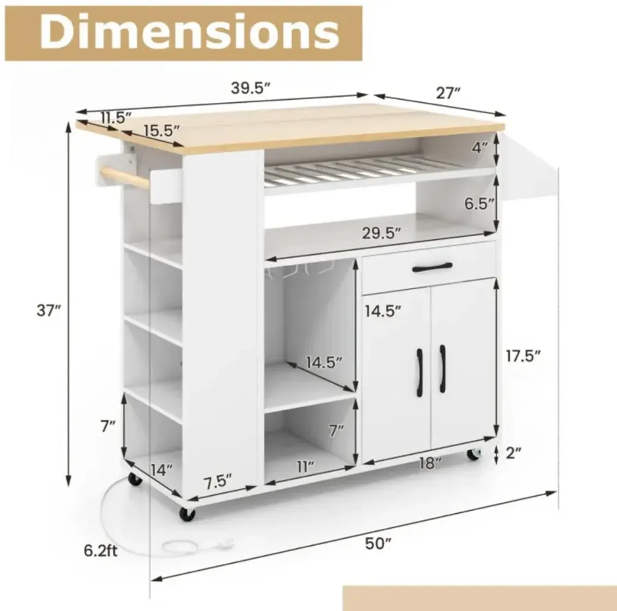 Hivvago Rolling Kitchen Island Cart with Power Outlet for Dining Room-White and Natural