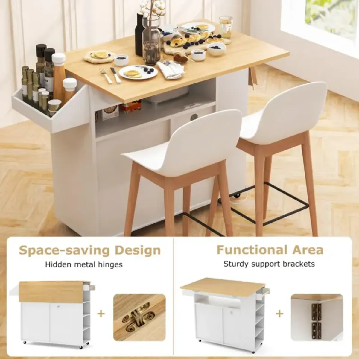 Hivvago Rolling Kitchen Island Cart with Power Outlet for Dining Room-White and Natural