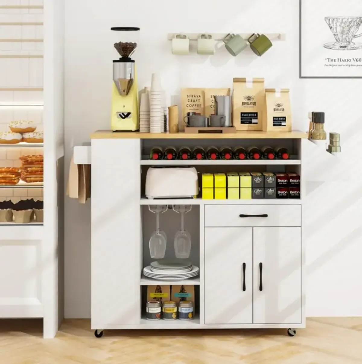 Hivvago Rolling Kitchen Island Cart with Power Outlet for Dining Room-White and Natural