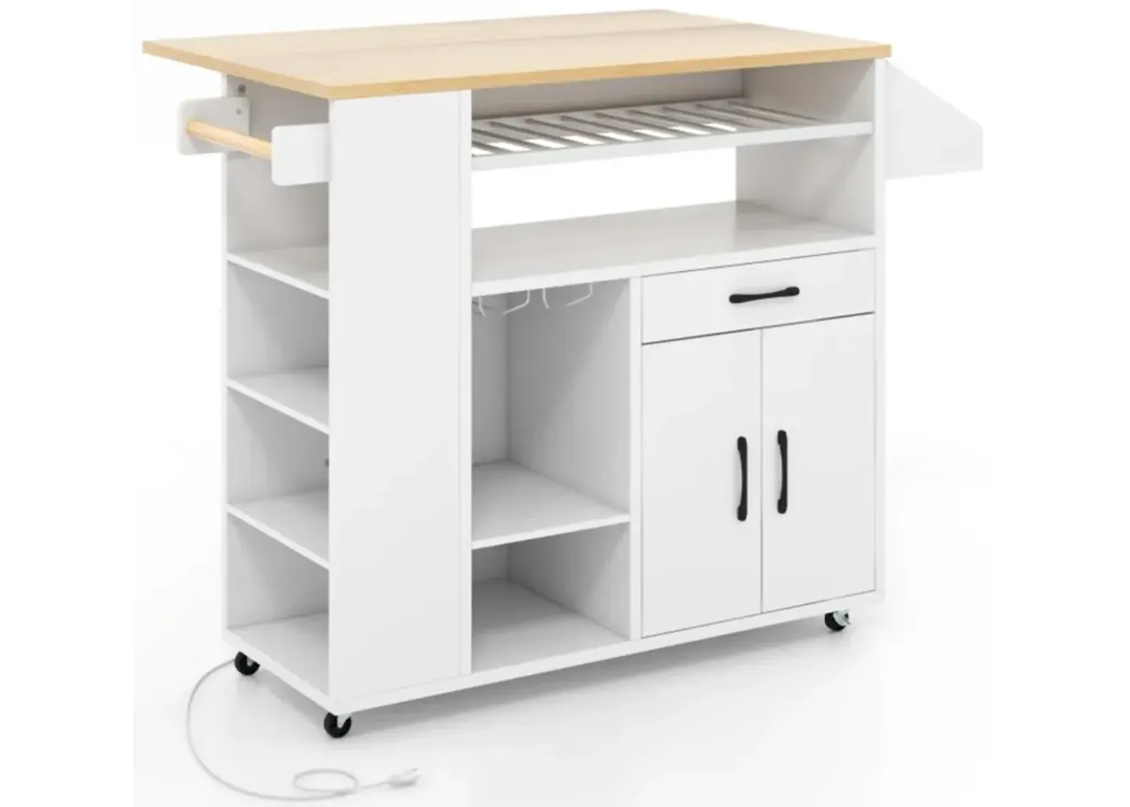 Hivvago Rolling Kitchen Island Cart with Power Outlet for Dining Room-White and Natural