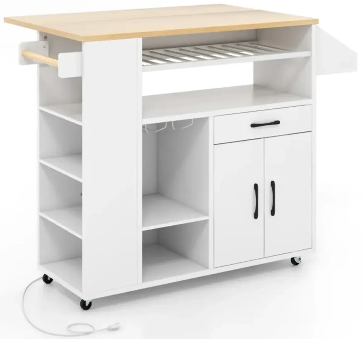 Hivvago Rolling Kitchen Island Cart with Power Outlet for Dining Room-White and Natural