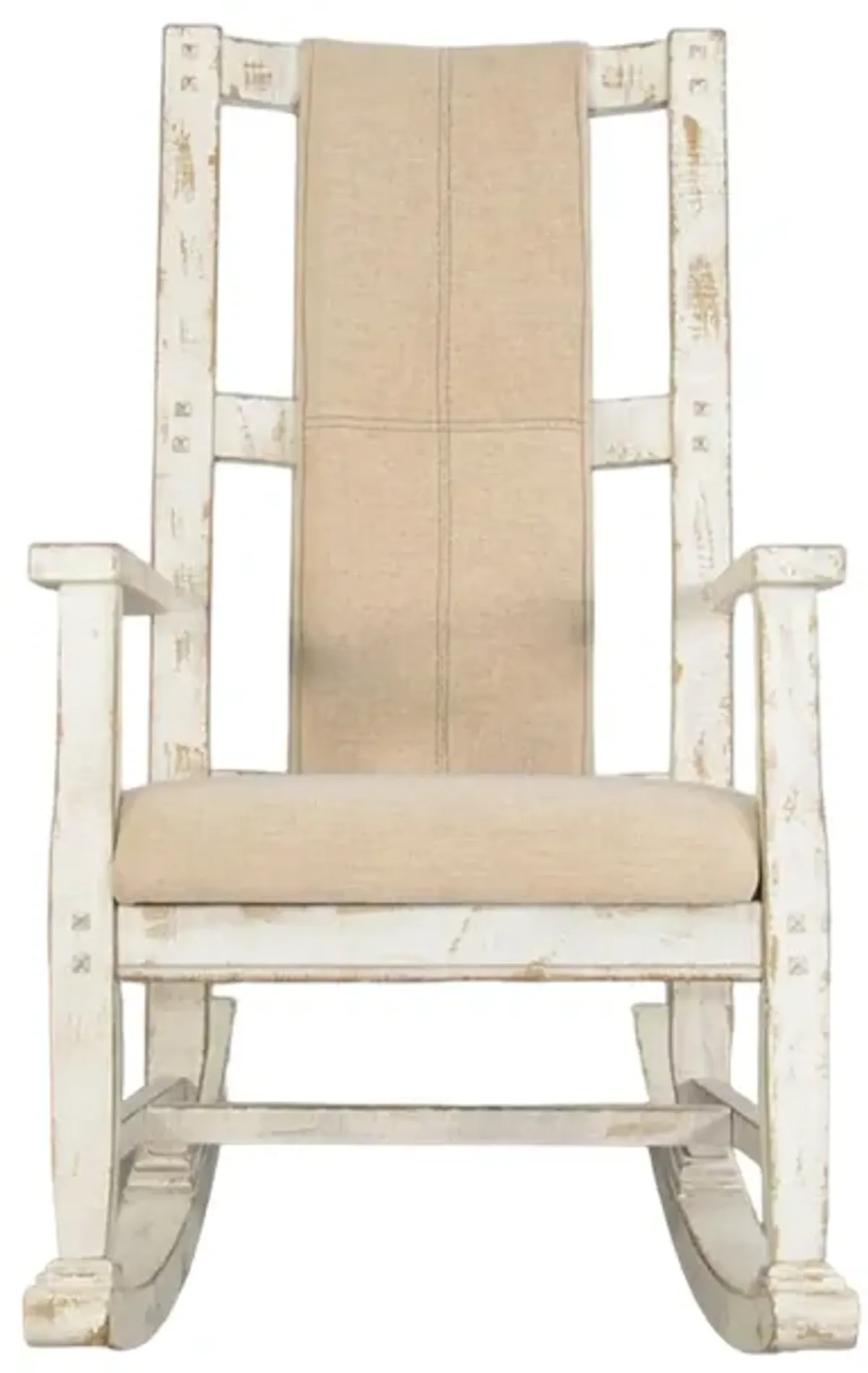 Rena Rocking Chair, Cushion Seat and Back, White Mahogany Mindy Wood - Benzara