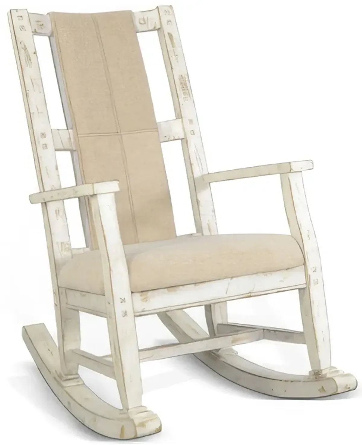 Rena Rocking Chair, Cushion Seat and Back, White Mahogany Mindy Wood - Benzara