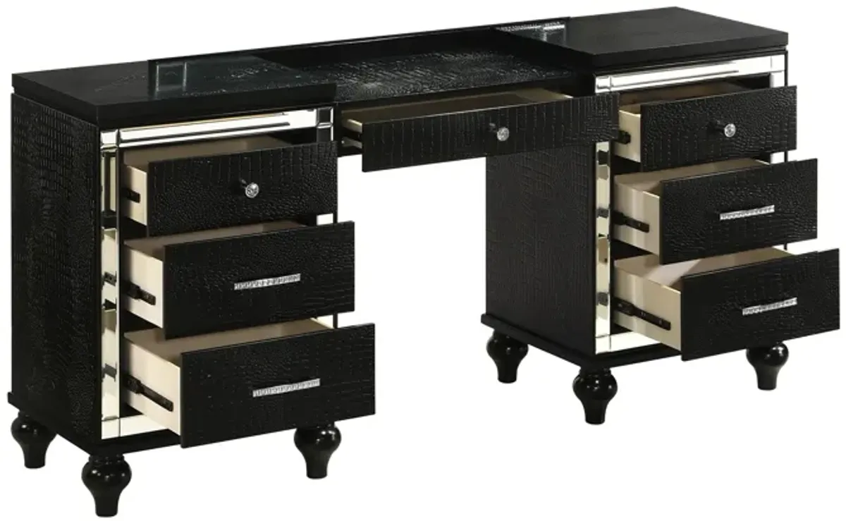 Kya 64 Inch Vanity Dresser Table with 7 Drawers, Mirrored Trim, Glam Black - Benzara