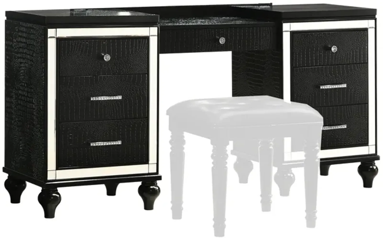 Kya 64 Inch Vanity Dresser Table with 7 Drawers, Mirrored Trim, Glam Black - Benzara