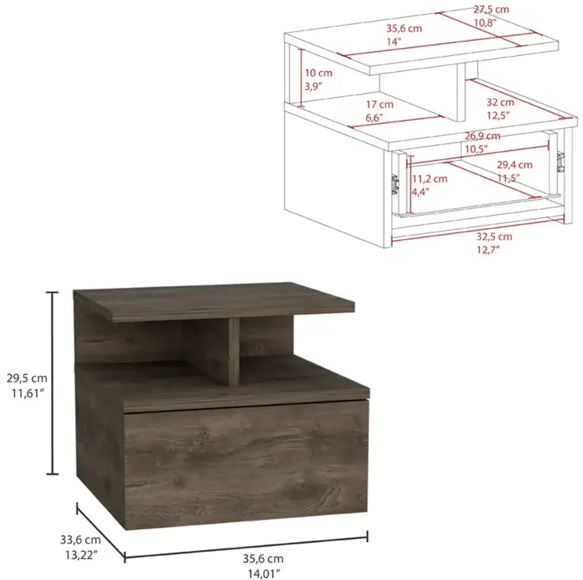 Adele Floating Nightstand with Drawer and Open Storage Shelves- White