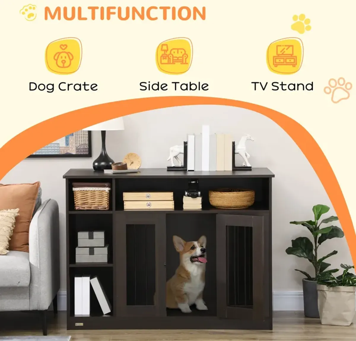 Brown Pet Enclosure: Luxury Dog Crate with Storage & Lockable Door