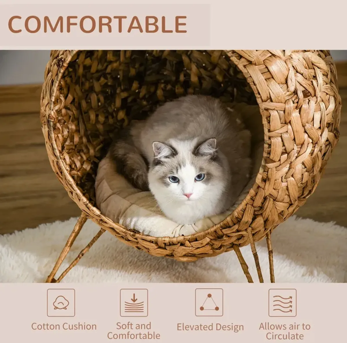 Brown Cat Sanctuary: 20.5" Weaved Elevated Cat Bed with Cushion