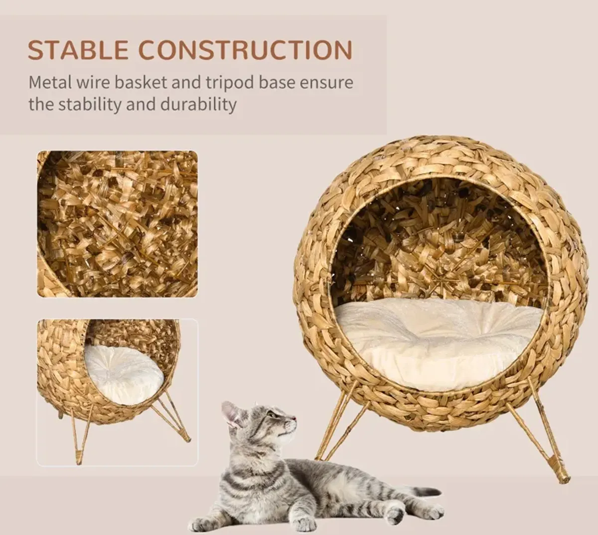 Brown Cat Sanctuary: 20.5" Weaved Elevated Cat Bed with Cushion